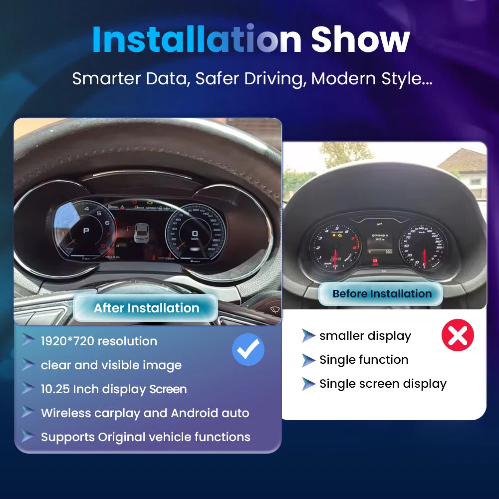 LCD digital cu CarPlay și Android Auto pentru Audi A3 8V – panou de bord / instrumente, navigație, vitezometru, tip cockpit.