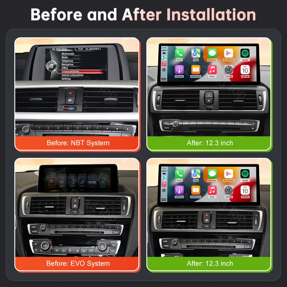 Ecran multimedia auto 12,3’’ cu CarPlay wireless pentru BMW Seria 3 și 4 – F30, F31, F32, F33, F34, F36 NBT EVO, cu Android Auto