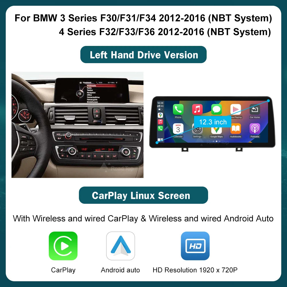 Ecran multimedia 10,25” / 12,3” cu CarPlay și Android Auto wireless pentru BMW Seria 1, 2, 3, 4 – F20, F21, F22, F30, F31, F32, F33