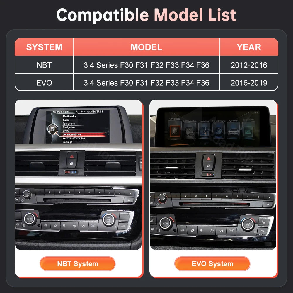 Ecran multimedia auto 12,3’’ cu CarPlay wireless pentru BMW Seria 3 și 4 – F30, F31, F32, F33, F34, F36 NBT EVO, cu Android Auto