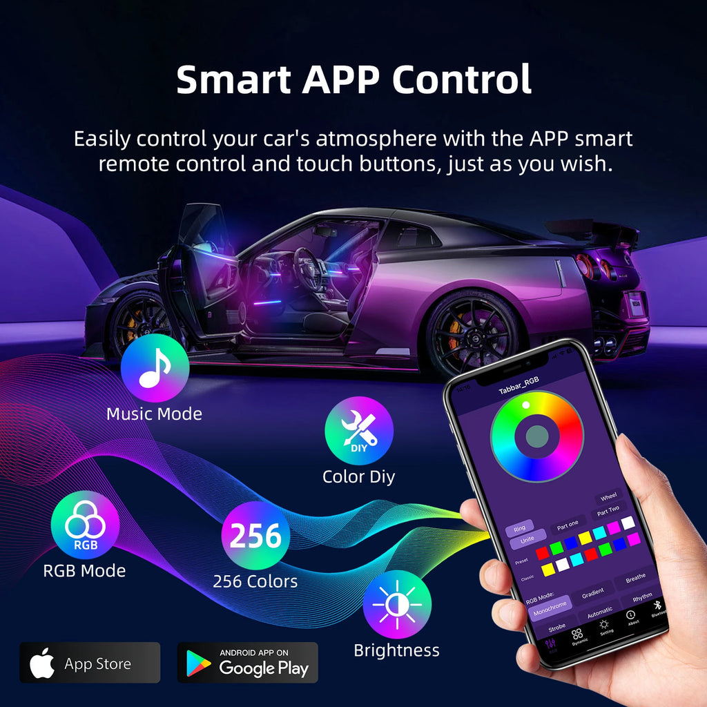 Kit universal de lumină ambientală auto – 18 în 1, 256 culori RGB