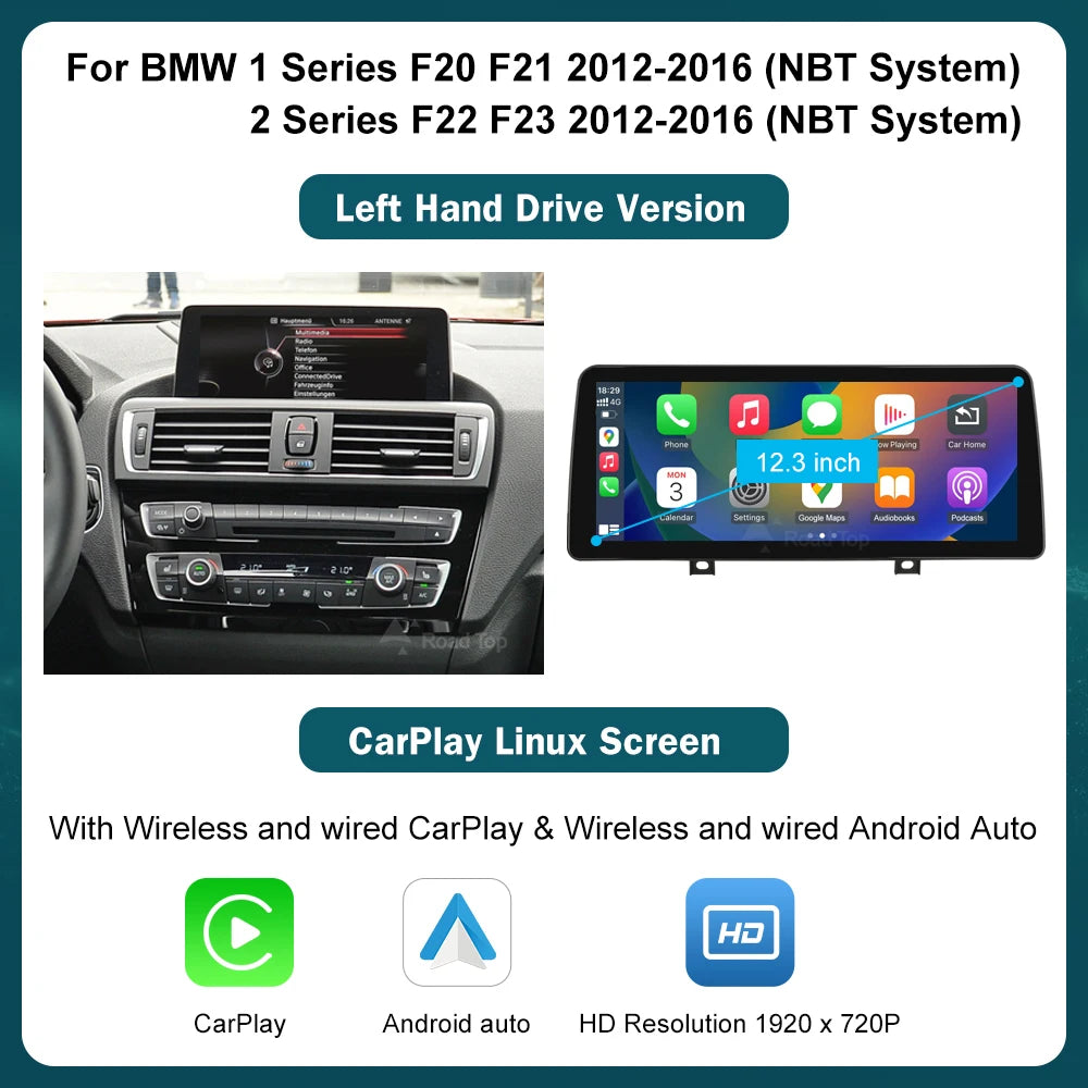 Ecran multimedia 10,25” / 12,3” cu CarPlay și Android Auto wireless pentru BMW Seria 1, 2, 3, 4 – F20, F21, F22, F30, F31, F32, F33
