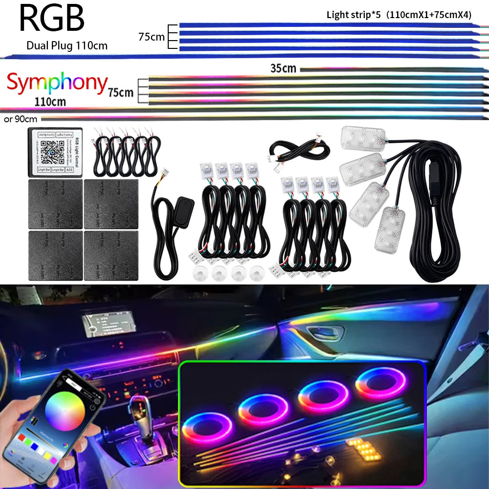 Bandă ambientală auto universală din acril, cu două zone, Symphony, 213 culori, kit RGB cu aplicație, o zonă, pentru decorarea atmosferei interioare, ornament ascuns pentru interior.