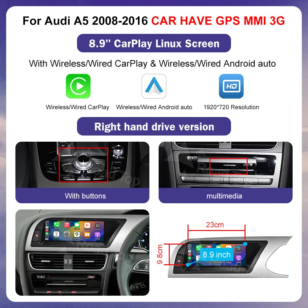 Ecran Multimedia Premium 8.8” / 12.3” pentru Audi A5 (2008–2016)