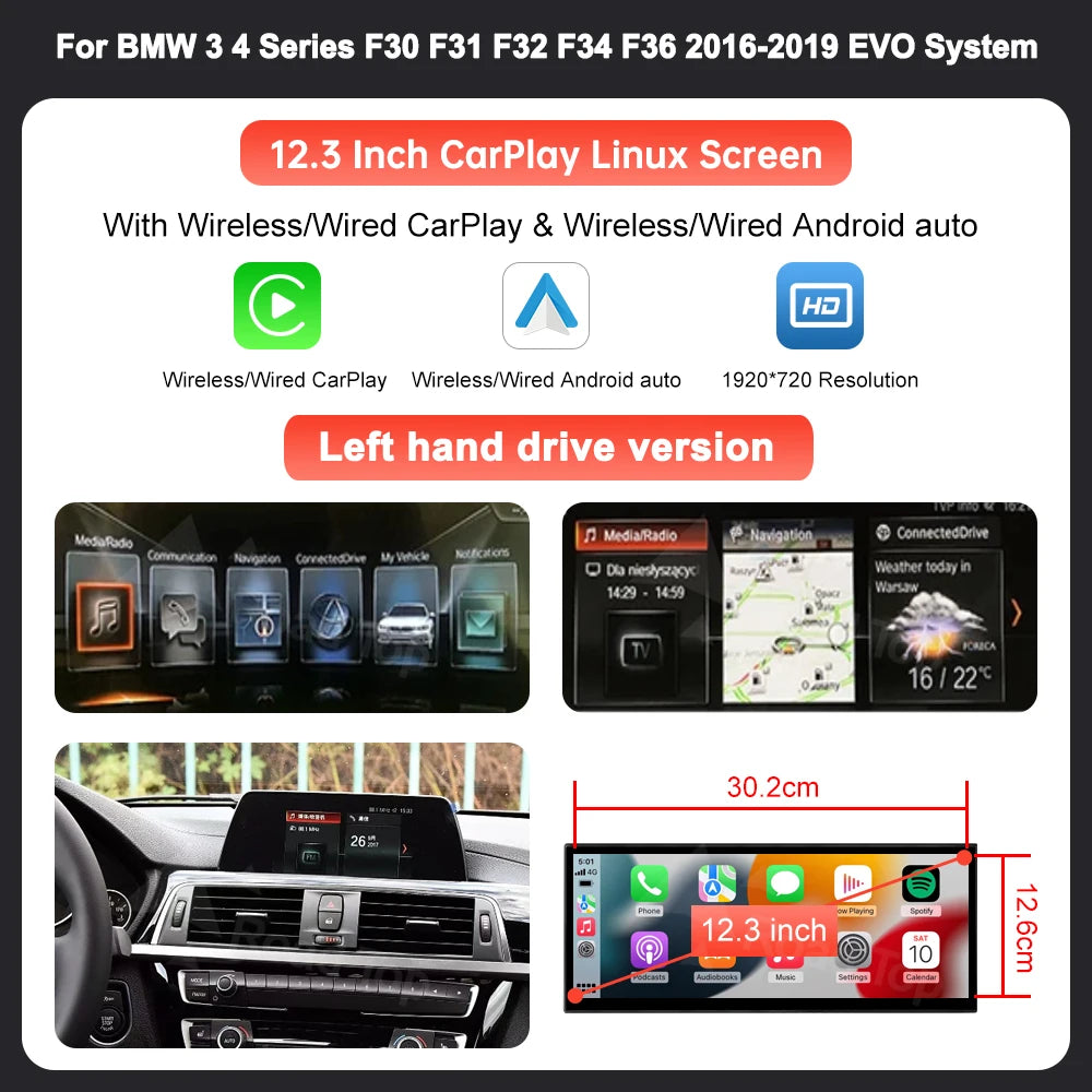 Ecran multimedia auto 12,3’’ cu CarPlay wireless pentru BMW Seria 3 și 4 – F30, F31, F32, F33, F34, F36 NBT EVO, cu Android Auto