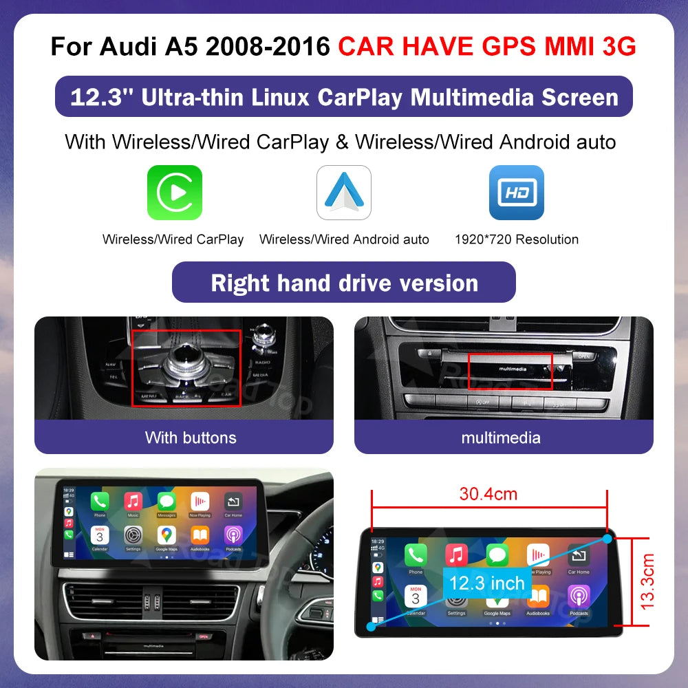 Ecran Multimedia Premium 8.8” / 12.3” pentru Audi A5 (2008–2016)