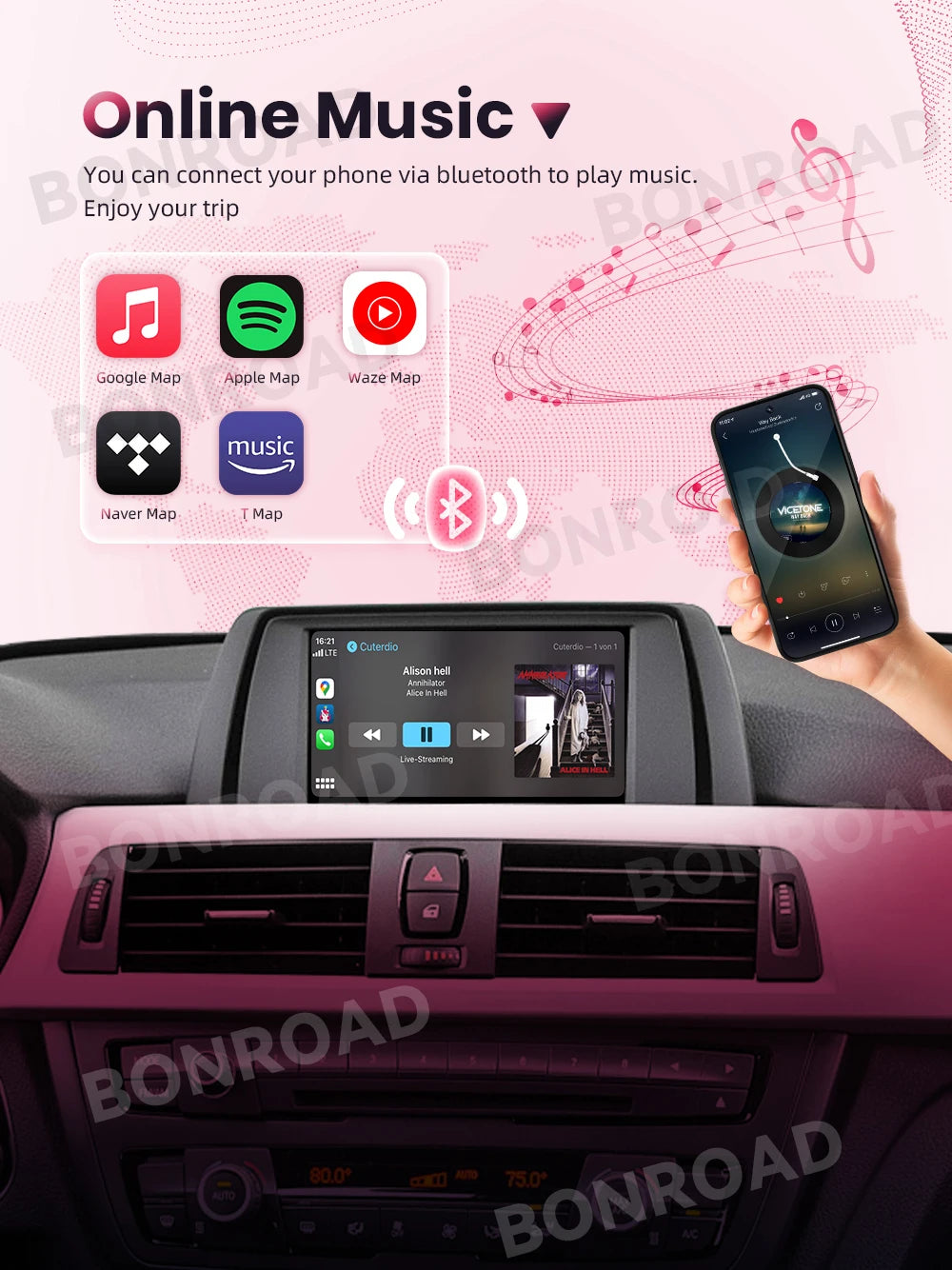 BONROAD CarPlay și Android Auto pentru BMW Seria 5 și Seria 3 – E60, E61, E62, E63, E64, E90, E91, E92, E93, E87, E81, E82, E88, E84, sistem CCC/CIC