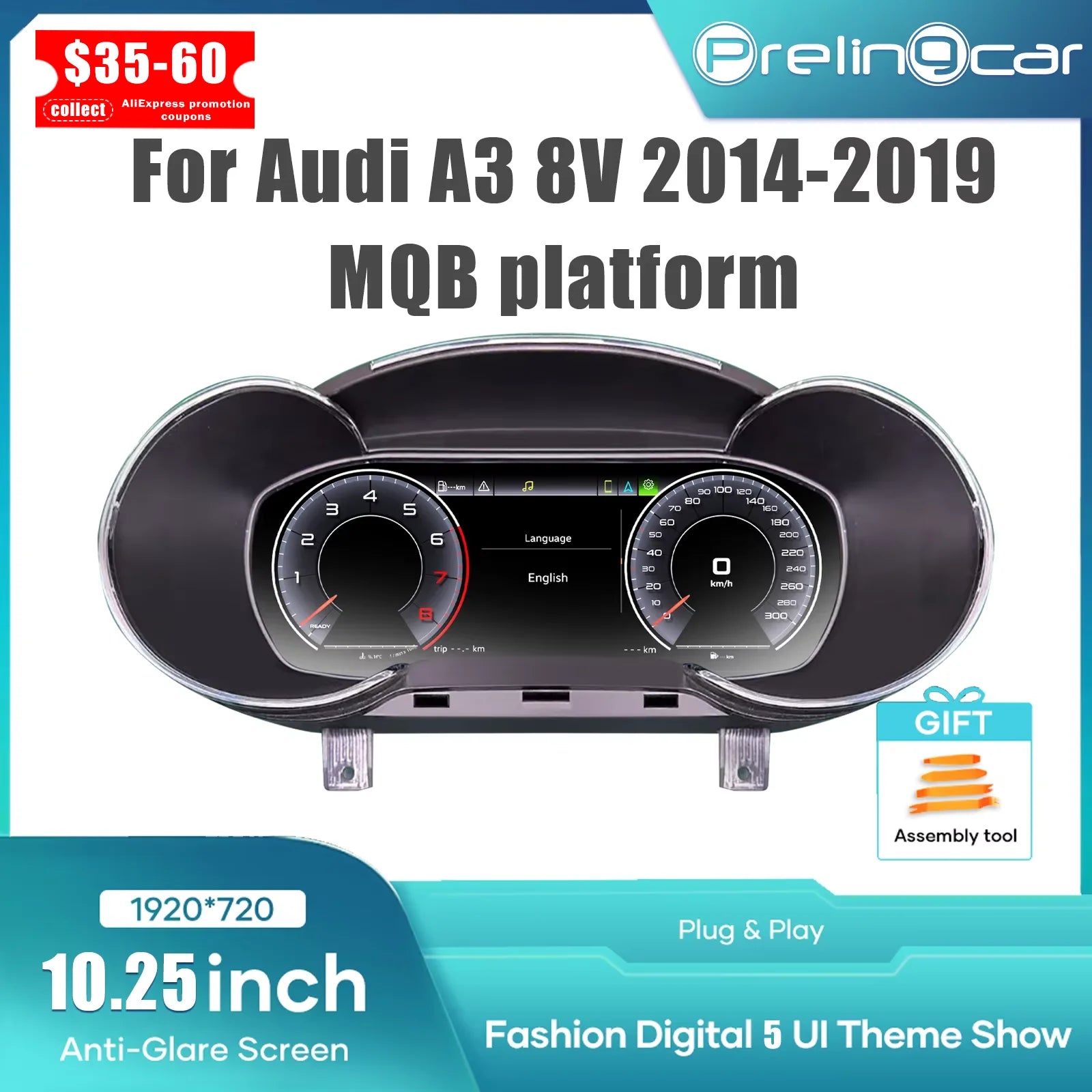 Bord auto digital LCD pentru Audi A3 / S3 / Q2 / Q2L (anii 2013–2019) – panou LCD cu vitezometru, tip Virtual Cockpit.