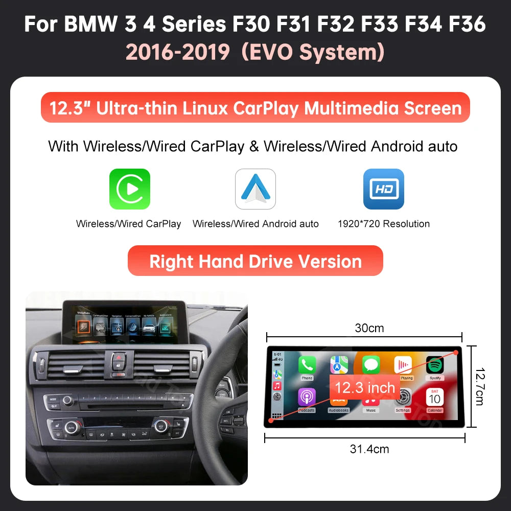 Ecran multimedia auto 12,3’’ cu CarPlay wireless pentru BMW Seria 3 și 4 – F30, F31, F32, F33, F34, F36 NBT EVO, cu Android Auto
