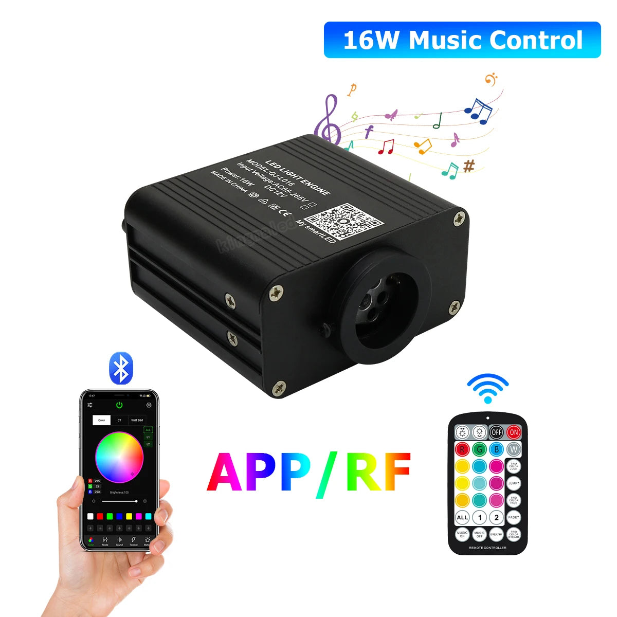 Kit nou de iluminare 16W Twinkle RGBW cu fibră optică pentru tavan tip cer înstelat, cu aplicație inteligentă (APP) și control prin sunet – motor LED pentru efect de cer înstelat auto cu fibră optică.