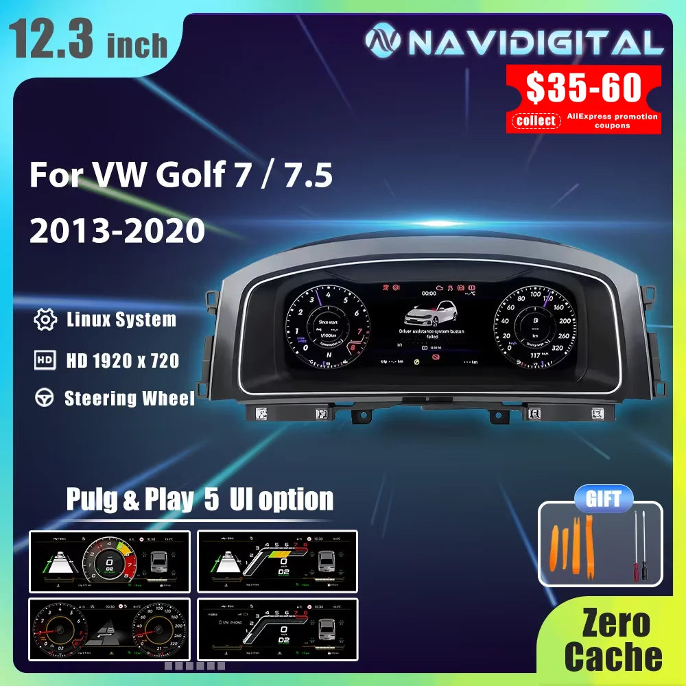 12.3” Tablou de bord digital LCD pentru VW Golf 7 MK7 (anii 2013–2020), cu suport HDMI, CarPlay, radio auto, panou de instrumente / cockpit.