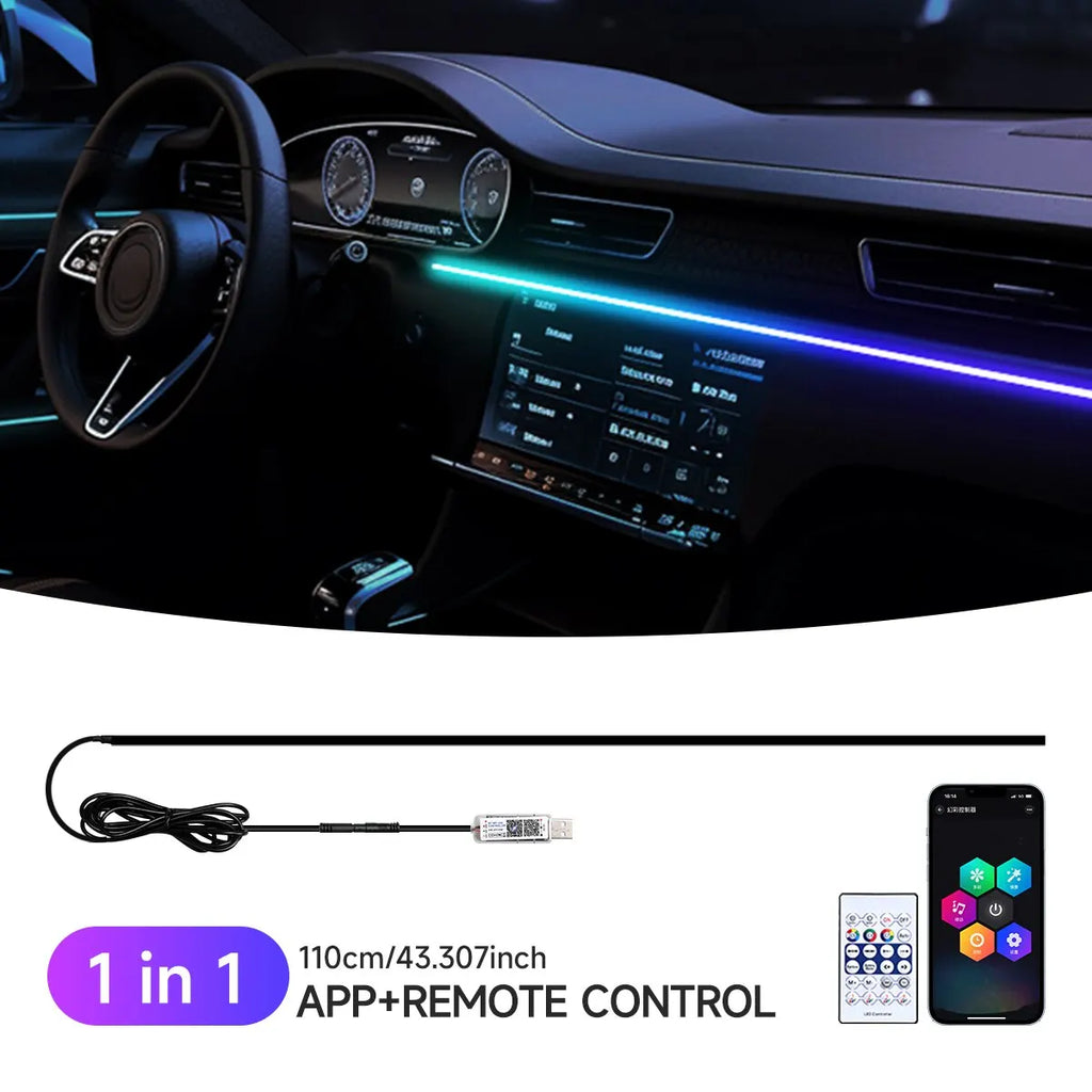 Lumină ambientală auto LED – 64 culori, bandă acrilică 110 cm