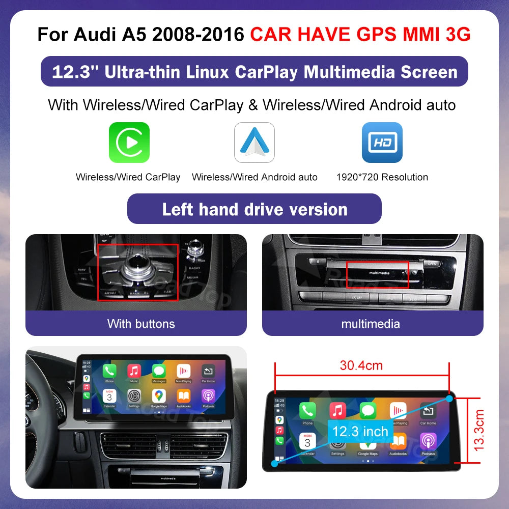 Ecran Multimedia Premium 8.8” / 12.3” pentru Audi A5 (2008–2016)