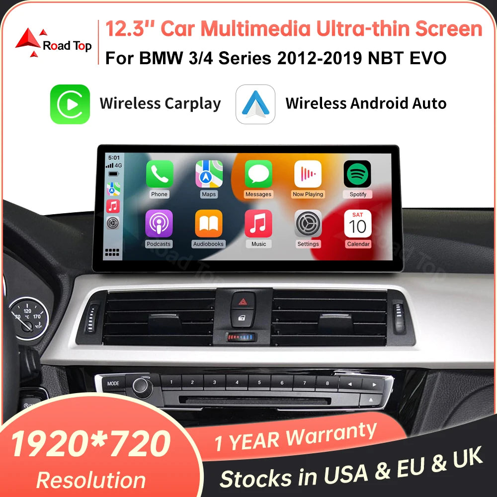 Ecran multimedia auto 12,3’’ cu CarPlay wireless pentru BMW Seria 3 și 4 – F30, F31, F32, F33, F34, F36 NBT EVO, cu Android Auto