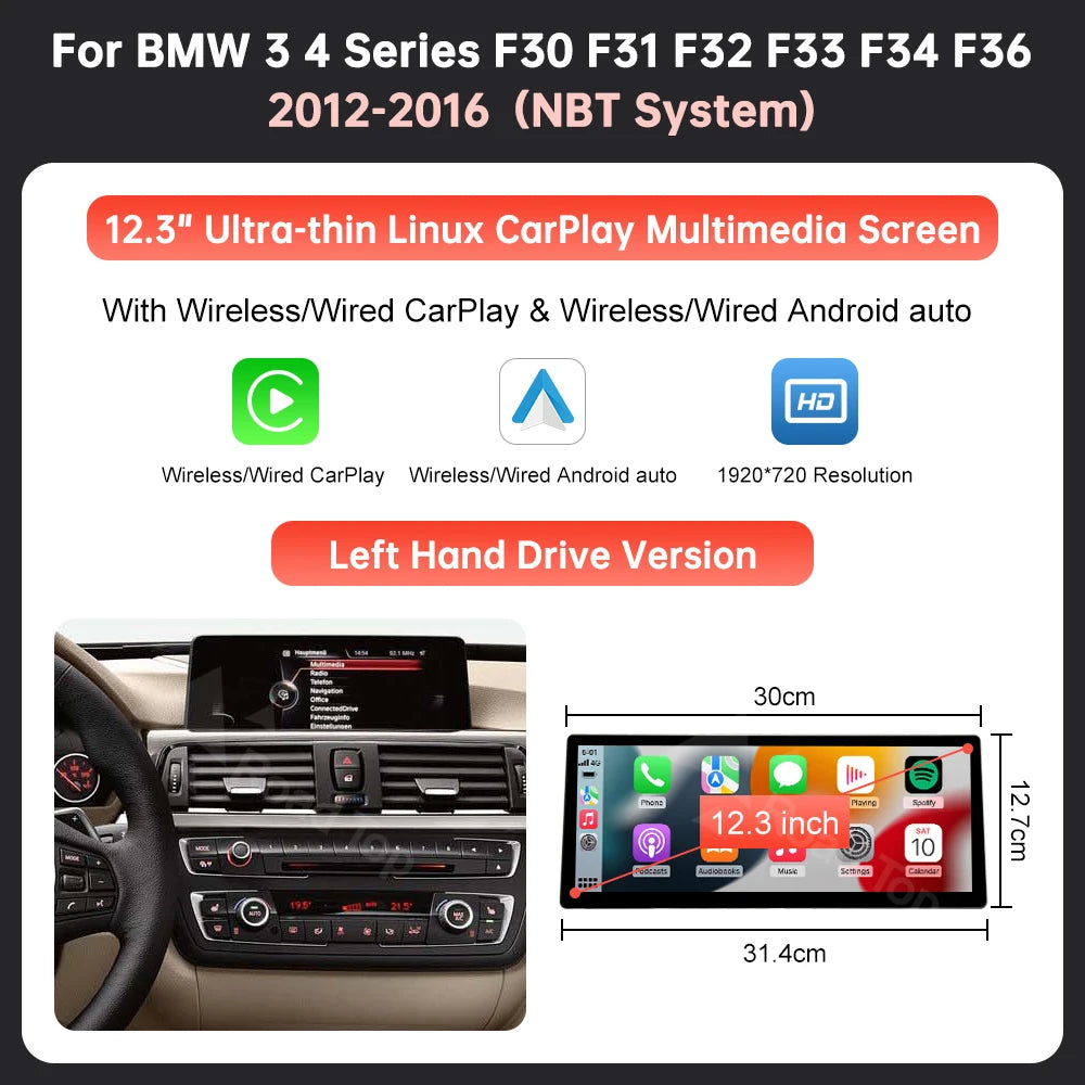 Ecran multimedia auto 12,3’’ cu CarPlay wireless pentru BMW Seria 3 și 4 – F30, F31, F32, F33, F34, F36 NBT EVO, cu Android Auto
