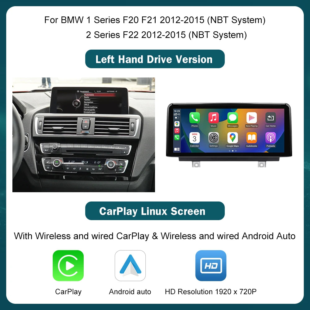 Ecran multimedia 10,25” / 12,3” cu CarPlay și Android Auto wireless pentru BMW Seria 1, 2, 3, 4 – F20, F21, F22, F30, F31, F32, F33