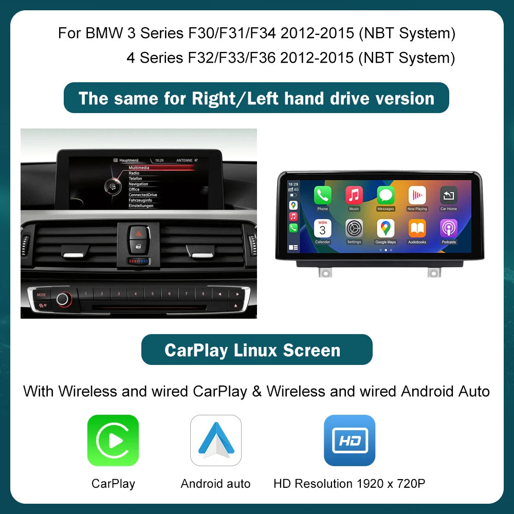 Ecran multimedia 10,25” / 12,3” cu CarPlay și Android Auto wireless pentru BMW Seria 1, 2, 3, 4 – F20, F21, F22, F30, F31, F32, F33