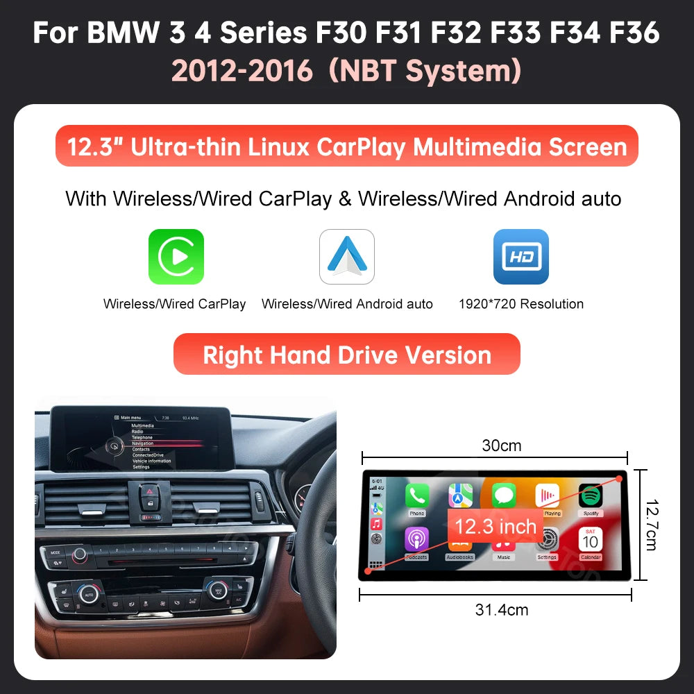 Ecran multimedia auto 12,3’’ cu CarPlay wireless pentru BMW Seria 3 și 4 – F30, F31, F32, F33, F34, F36 NBT EVO, cu Android Auto
