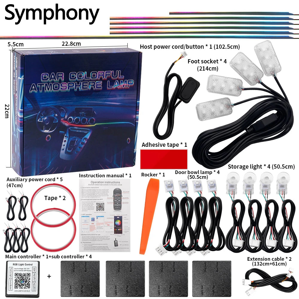 Bandă ambientală auto universală din acril, cu două zone, Symphony, 213 culori, kit RGB cu aplicație, o zonă, pentru decorarea atmosferei interioare, ornament ascuns pentru interior.