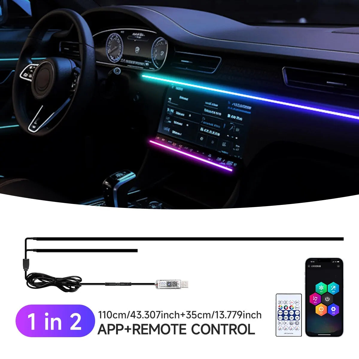 Lumină ambientală auto LED – 64 culori, bandă acrilică 110 cm
