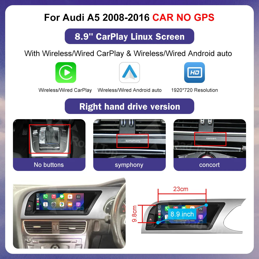 Ecran Multimedia Premium 8.8” / 12.3” pentru Audi A5 (2008–2016)