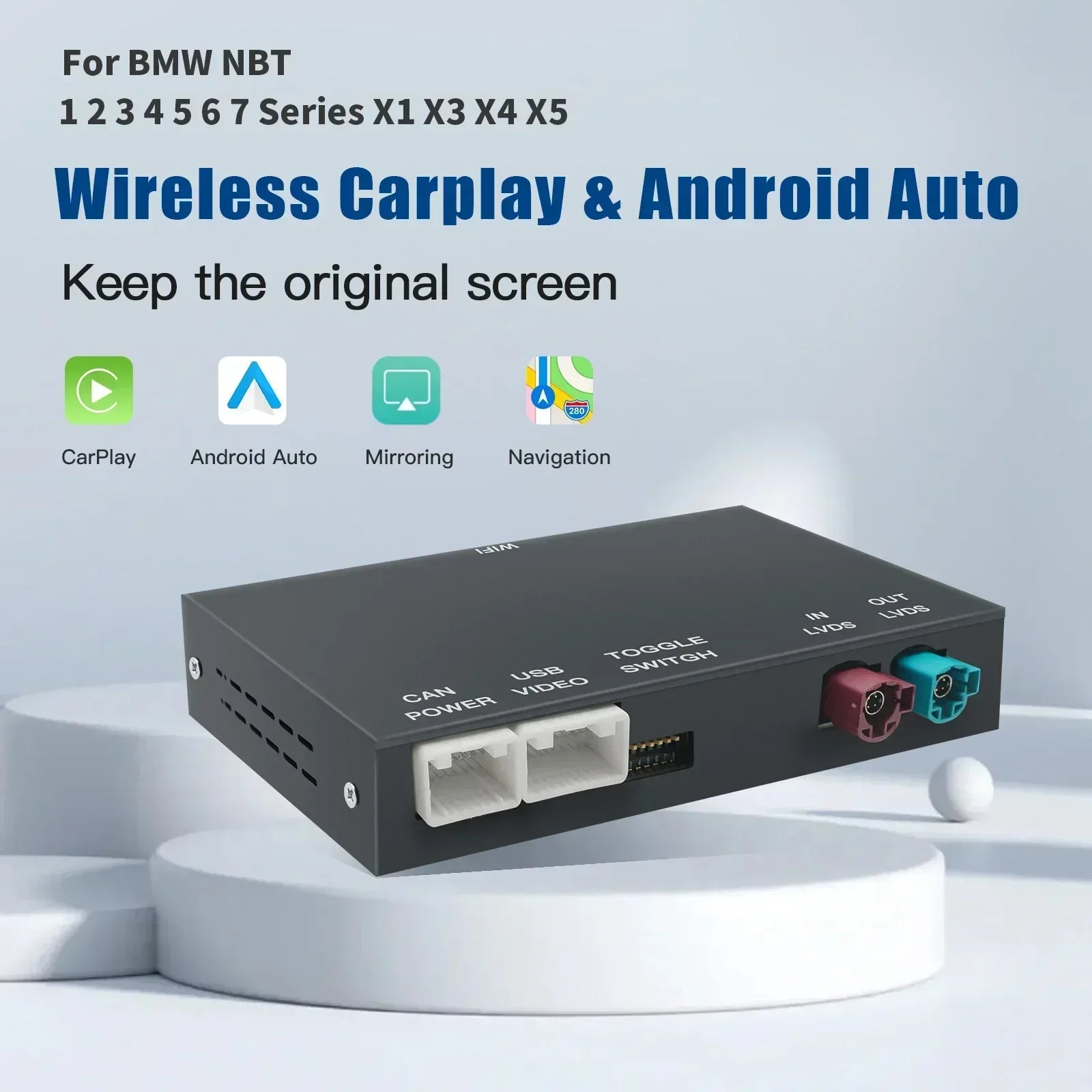 CarPlay wireless și Android Auto pentru BMW cu sistem NBT/CIC – Seriile 1, 2, 3, 4, 5, X1, X3, X4, X5 (F20, F21, F30, F31, F34, F10, F48, F25, F26, F15, F60, E84)