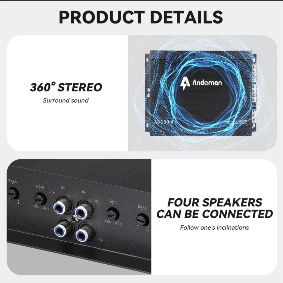 Amplificator auto, Andeman 7800W putere maxima 264.41W RMS 12V-13.8V